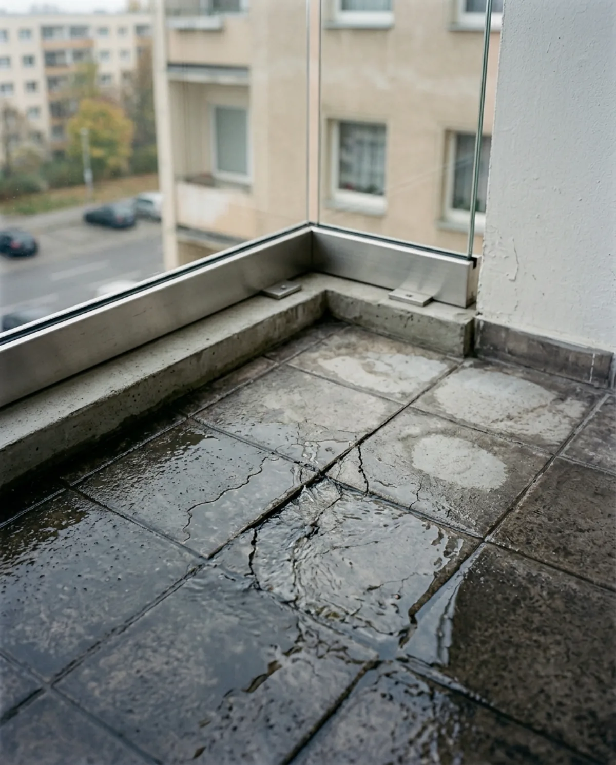 Balkon mit typischen Schäden: Risse, Feuchtigkeit, Abplatzungen